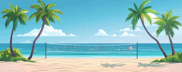 Tropical beach scene with palm trees and a volleyball net Vector flat minimalistic isolated illustration