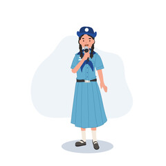 Confidence and Empowering Presentation. Young Thai Girl Scout in Uniform Presenting with Microphone