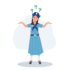 young thai girl scout uniform is confusing. gesture body language.