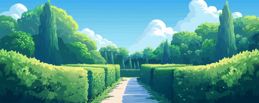 A mystical garden maze with towering hedges and hidden pathways. Vector flat minimalistic isolated
