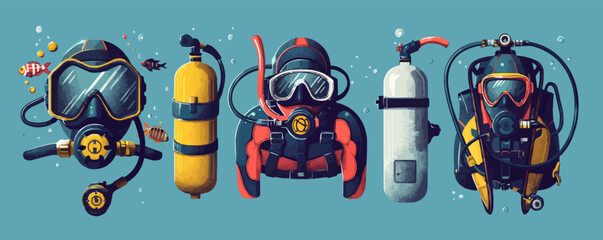 Vintage scuba diving gear with mask, snorkel, and oxygen tank Vector flat minimalistic isolated illustration