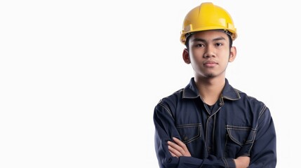 young male engineer standing confidently in front of a clear white background