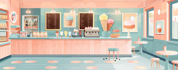 Vintage ice cream parlor with pastel-colored decor Vector flat minimalistic isolated