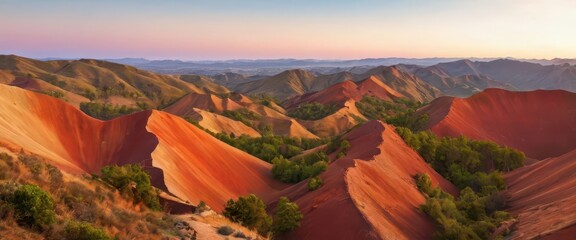 Reddish-brown mountains with green vegetation.