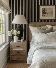 Striped wallpaper in the bedroom, next to an end table with a wooden texture, a small lamp on top of it, a window behind which you can see outside, and a painting hanging above the headboard.