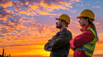 I male and female engineers wearing safety helmets k to the sunset sky