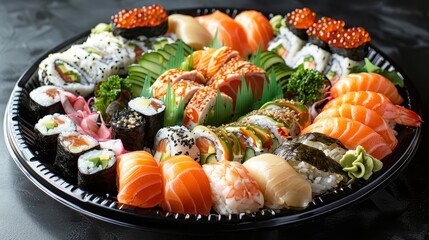 Highresolution image of a gourmet sushi platter with fresh ingredients and vibrant colors, suitable for restaurant menus, food delivery, and culinary promotions