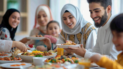 Bright and cheerful Ashura celebration, minimalistic setup, isolated on a white background. Showing families enjoying a festive meal, the image emphasizes unity and cultural richness.

