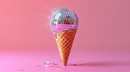 Ice cream made of disco ball in a cone against the pink background