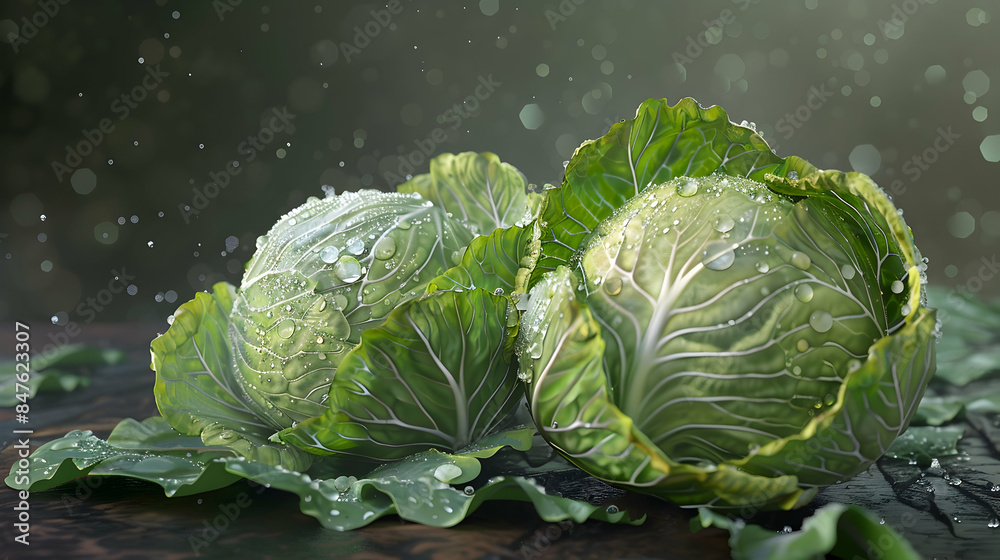 Wall mural two green cabbages, one large and one small, are placed on a table covered with water droplets