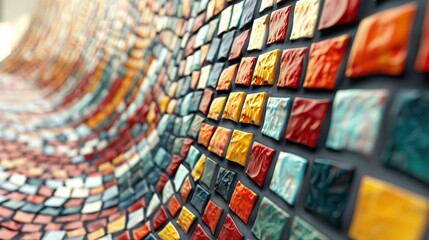 Artistic background, mosaic tiles flat design, side view, cultural heritage theme, 3D render, Triadic Color Scheme