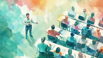 Professional development, training session flat design, top view, educational theme, water color, Split-complementary color scheme