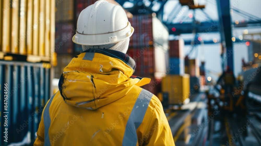 Wall mural worker in a hard hat and yellow jacket in the rain in a cargo port, view from the back