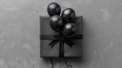 White gift wrap with black ribbon and balloons, birthday party celebration gift. Copy space happy birthday greetings.