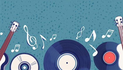 Obraz premium Musical poster featuring instruments, notes, and an LP record disc against a blue background. Copy space for your text or design