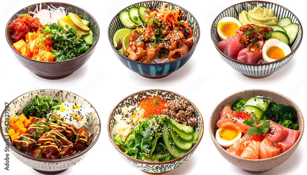 Wall mural Collage of different poke bowls isolated on white - Wall murals