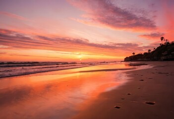 Obraz premium Sunset on beach with reflection on wet sand.