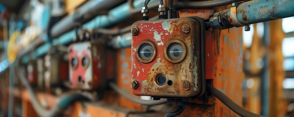 Close up of a rusty electrical box with two eyes.