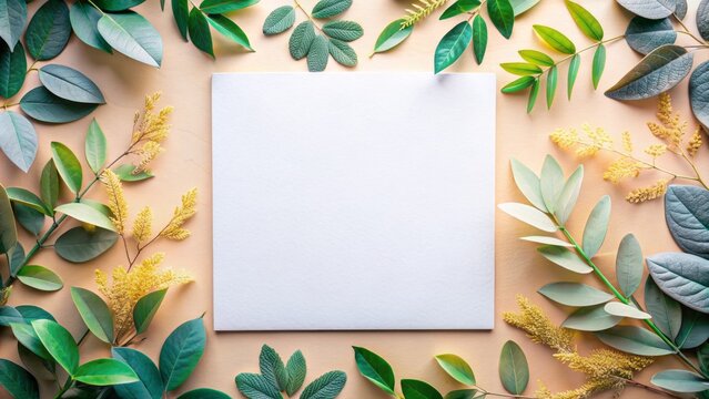 Compose top-view mockup blank paper pastel-colored beautiful foliage textured backdrop ample text space embrace nature's calm.
