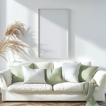 French Country Living Room with White Sofa, Light Green Pillows, and Blank Mock Up Frame on Wall
