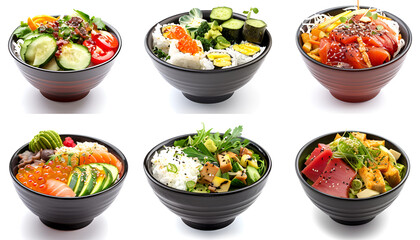 Collage of different poke bowls isolated on white