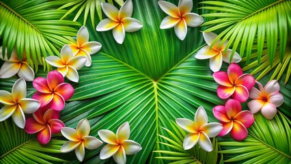 Fototapeta premium A background of green palm fronds and colorful plumeria providing a central area for text