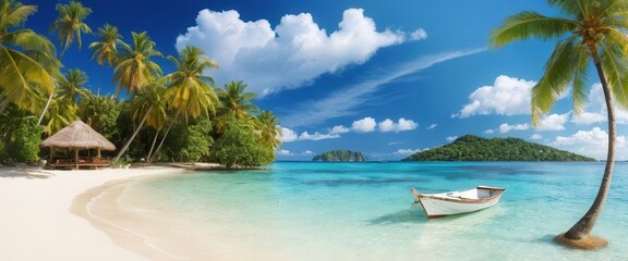 Tropical beach with palm trees, clear blue water, and a small boat.