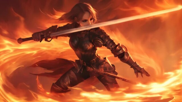 A fierce female warrior brandishing a flaming sword, surrounded by intense fire. Her determined expression and dynamic pose create a powerful and dramatic scene. 