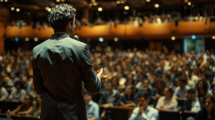 Fototapeta premium Motivational speaker addressing a large audience in a conference hall, inspiring atmosphere