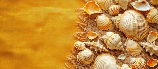 Obraz premium Sea shells on yellow-brown fabric with empty space.