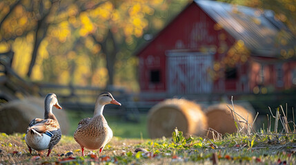 Fototapeta premium duck on the farm, Ducks in Barnyard Cozy blurred background image of ducks waddling around a barnyard, with a red barn and hay bales