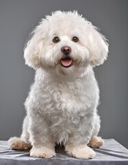 Obraz premium Adorable Bichon Frise Dog Sitting in Studio Portrait with Fluffy White Coat Against Gray Background
