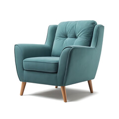 Stylish teal velvet armchair with tufted back and wooden legs. Perfect for modern or retro-inspired living spaces.