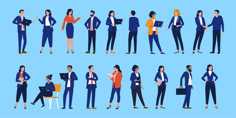 Businesspeople vector collection - Set of business and finance white collar characters standing, using computers, talking and working in flat design illustration with blue background