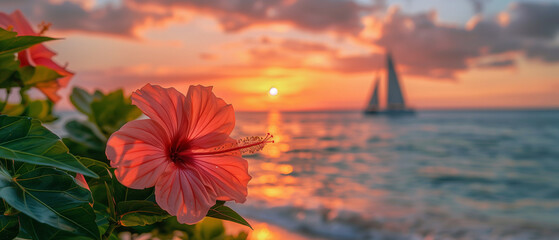 Hibiscus with green leaves on the background of sunset beach, sailing yacht in the sea.