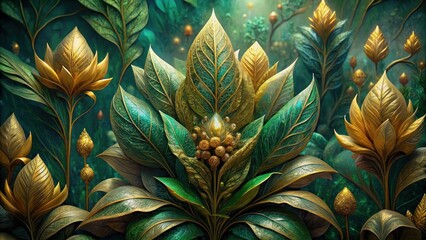 A botanical illustration with raised textures and gold leaf detailing on a green background.