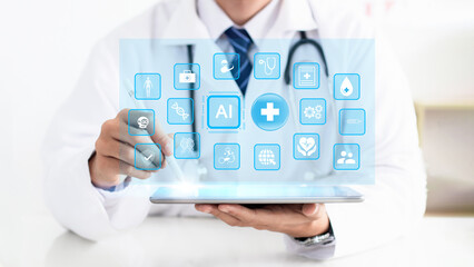 Health care and medical technology services concept. The image shows a doctor using AI technology in healthcare, represented by a futuristic tablet interface with medical symbols. AI data analysis.