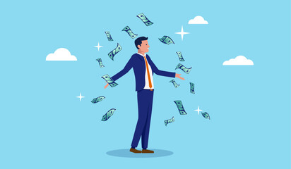 Vector businessman making money - Man in corporate suit standing with arms out, smiling while money raining down. Business income, investor profits and earnings concept in flat design