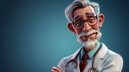 Senior male doctor in cartoon 3d style symbolizing healthcare services on cyan background