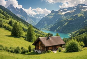 A picturesque alpine village with a chalet nestled in a valley, surrounded by lush greenery and majestic mountains.