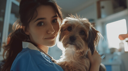 Perro pequeño en la mesa del veterinario