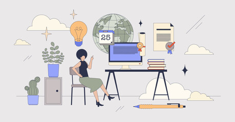 Online degree and university graduation tiny person neubrutalism concept. Distant study method to get bachelor in international or global program using internet vector illustration. E-learning course