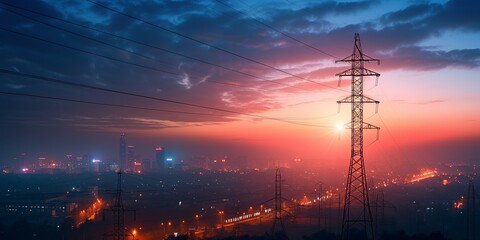 cityscape dusk featuring high voltage power lines and transmission towers. The image captures the essence of urban energy infrastructure with glowing city lights and bokeh effects in the foreground.