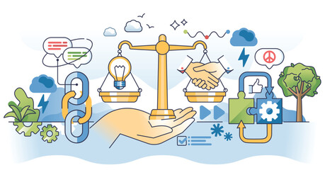 Conflict management and business negotiation skills outline hands concept. Find resolution for dispute or problem vector illustration. Arguing challenge with mediator for deal or agreement closure.