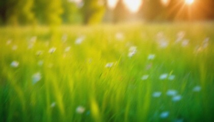 Obraz premium abstract blurred green grass field with wild flowers. soft elegant Nature background with delicate grane and soft lighting. for design, wallpaper, branding, presentations, promotional materials. High