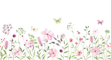 Floral seamless border with abstract  delicate pink wildflowers and colored butterflies. Isolated watercolor illustration for cover, background, invitation or greeting cards, decorative design pattern