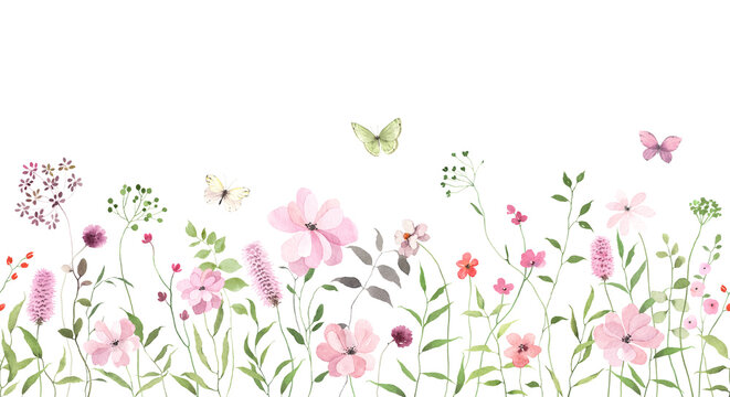 Floral seamless border with abstract  delicate pink wildflowers and colored butterflies. Isolated watercolor illustration for cover, background, invitation or greeting cards, decorative design pattern