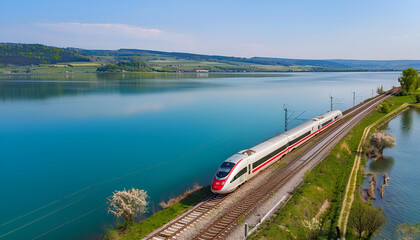 high speed train passes by a lake. Aerial high view