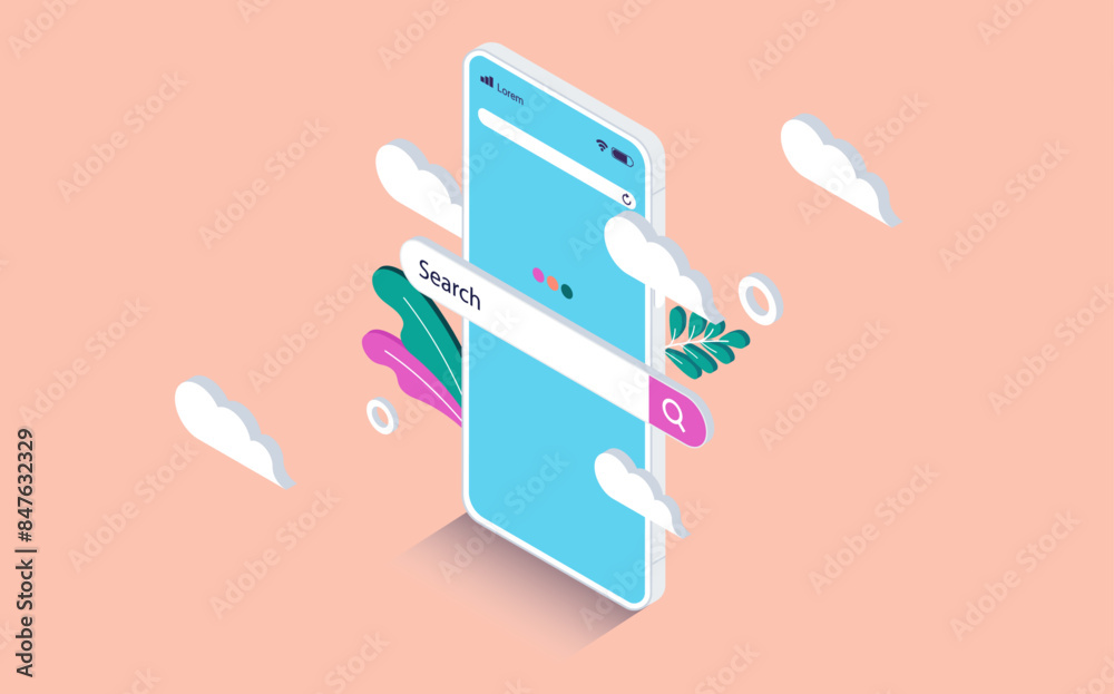 Poster search bar on mobile phone screen - smartphone with online search engine popping out of screen in fl