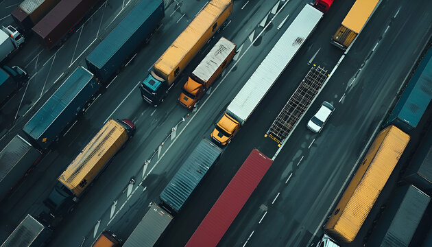 Cargo trucks, border crossings. Aerial high view